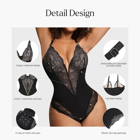 NWT Popilush Black Floral Lace Deep V Shapewear Thong Tummy Control Bodysuit - Picture 12 of 16